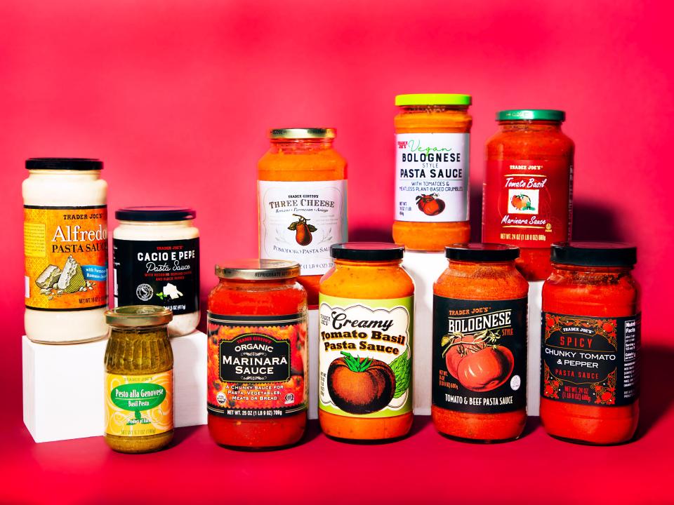 10 Trader Joe's sauces arranged against a red background