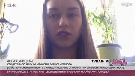 Slain Russian opposition leader Boris Nemtsov's companion Anna Duritskaya, who was with him on a bridge near the Kremlin when he was murdered, speaks during a Skype interview to online news channel Dozhd in this still image from a TV Rain video on March 2, 2015. Boris Nemtsov's girlfriend has broken her public silence on the murder of the Russian opposition activist, saying she did not see the killer who gunned him down as they strolled across a bridge near the Kremlin. Ukrainian fashion model Anna Duritskaya said she had little recollection of what happened in the moments after Nemtsov was shot dead on Friday night. REUTERS/TV Rain via Reuters TV (RUSSIA - Tags: CRIME LAW POLITICS) NO SALES. NO ARCHIVES. FOR EDITORIAL USE ONLY. NOT FOR SALE FOR MARKETING OR ADVERTISING CAMPAIGNS. MANDATORY CREDIT. THIS IMAGE HAS BEEN SUPPLIED BY A THIRD PARTY. IT IS DISTRIBUTED, EXACTLY AS RECEIVED BY REUTERS, AS A SERVICE TO CLIENTS