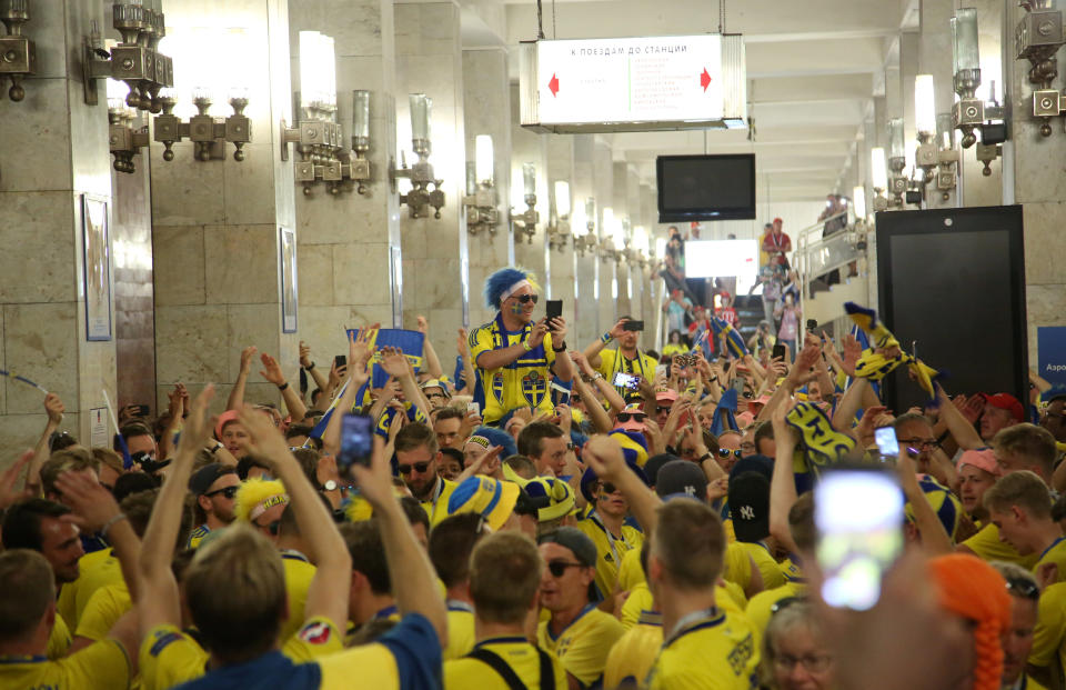 <p>Sweden fans take over a Metro station near the Nizhny Novgorod Stadium before kick off. (Reuters) </p>