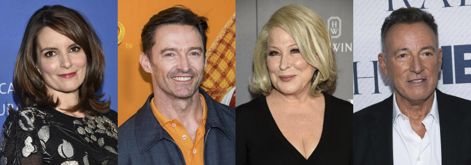 This combination photo shows Tuna Fey, Hugh Jackman, Bette Midler and Brice Springsteen, who have raided their closets to offer up personal items for a charity online auction on April 28. (AP Photo)