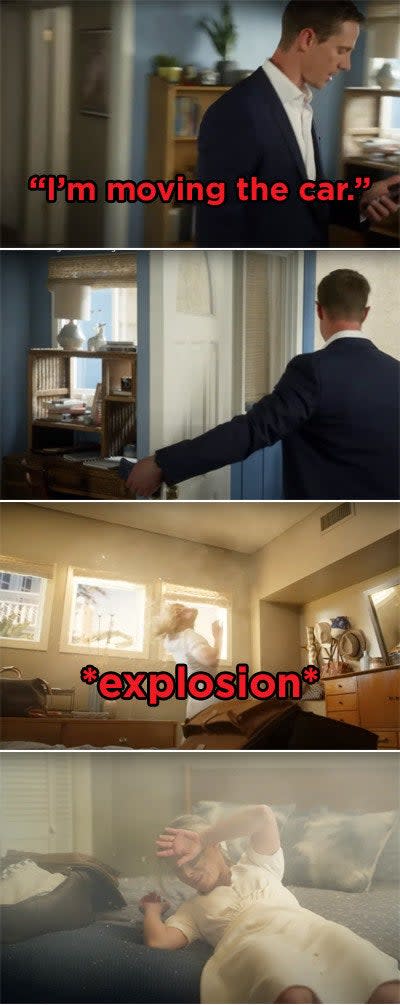 Logan stepping outside the house and then a sudden explosion