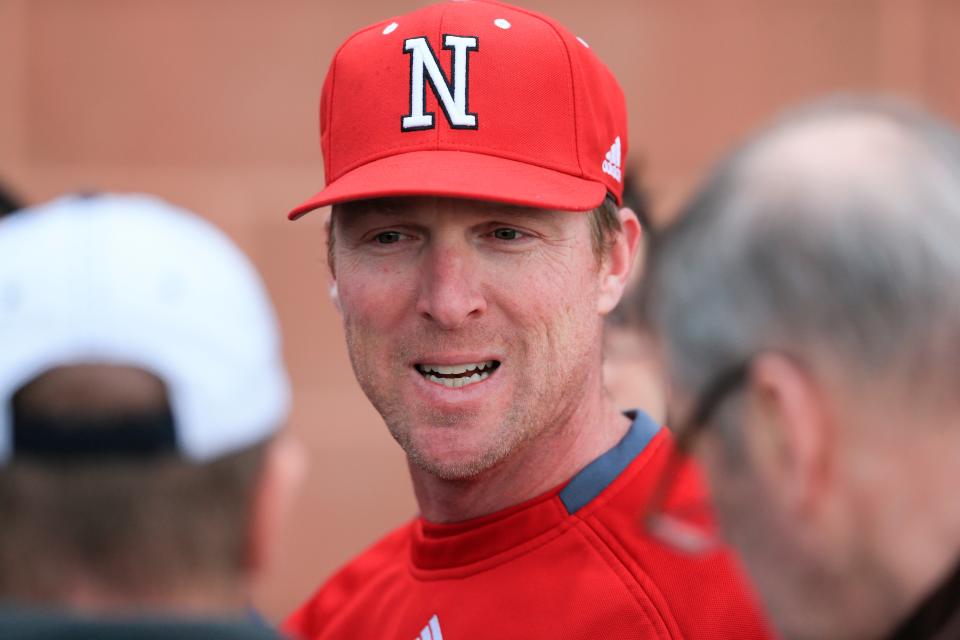 In this photo from March 31, 2016, Nebraska coach Darin Erstad talks to reporters before an NCAA college baseball practice in Lincoln, Neb. Nebraska won two of three games against last-place Penn State over the weekend and won the Big Ten title by a half-game over Michigan. The Cornhuskers hadn't won a conference title since 2005, when they were in the Big 12.