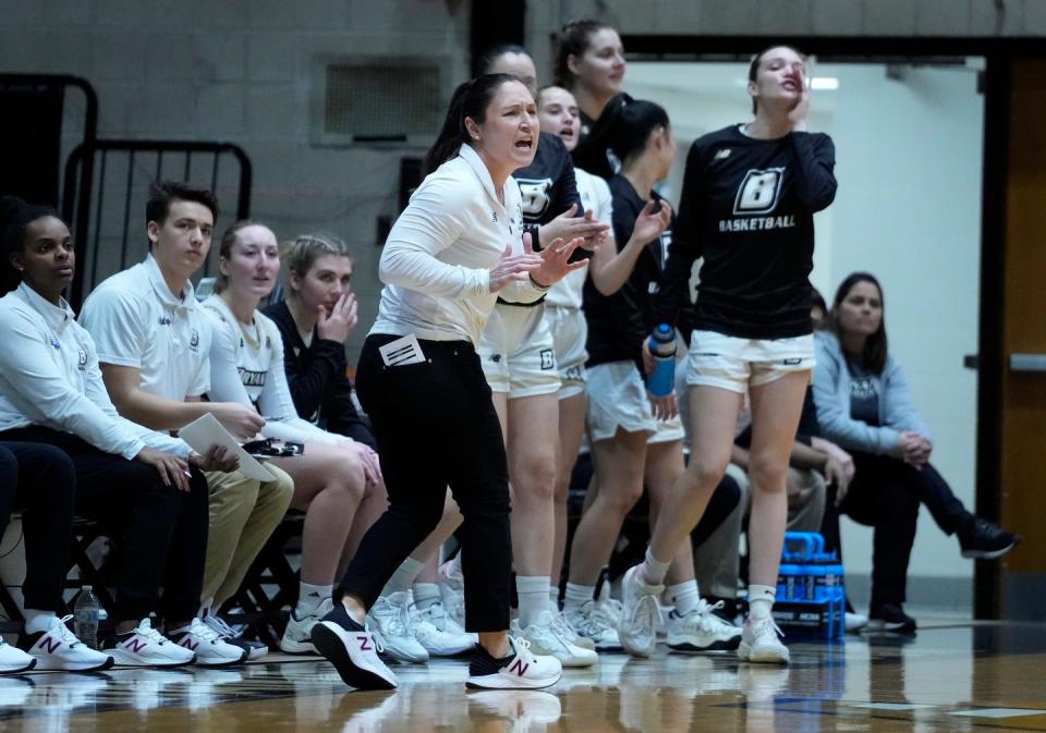 Bryant coach Lynne-Ann Kokoski, in action here during a game earlier this season, got her team to the America East quarterfinals in her first year. The Bulldogs improved by six wins overall from the 2022-23 season.