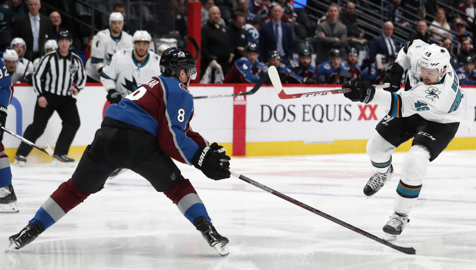 San Jose Sharks center Tomas Hertl, right, fires a shot past Colorado Avalanche defenseman Cale Makar during the second period of an NHL hockey game Thursday, Jan. 16, 2020, in Denver. (AP Photo/David Zalubowski)