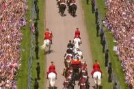 <p>Having animals in your wedding pr0cession could go either way. For the most part, the white stallions accompanying Prince Harry and Megan stayed the course but one horse seemed to have his own agenda. Members of the Queen's Guard cavalry are well-trained and the rider quickly got the horse back in line.</p>