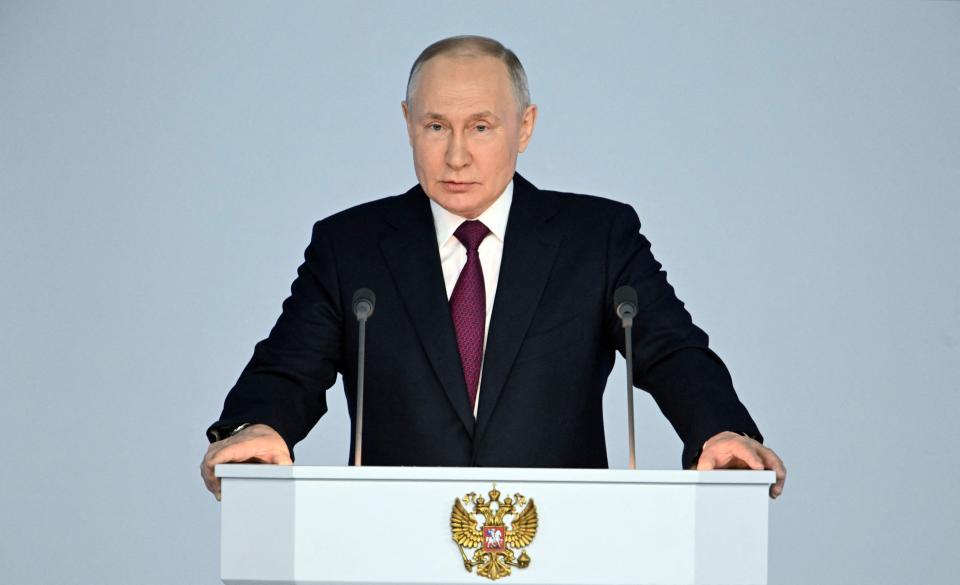 Russian President Vladimir Putin delivers his annual state of the nation address at the Gostiny Dvor conference centre in central Moscow on February 21, 2023.