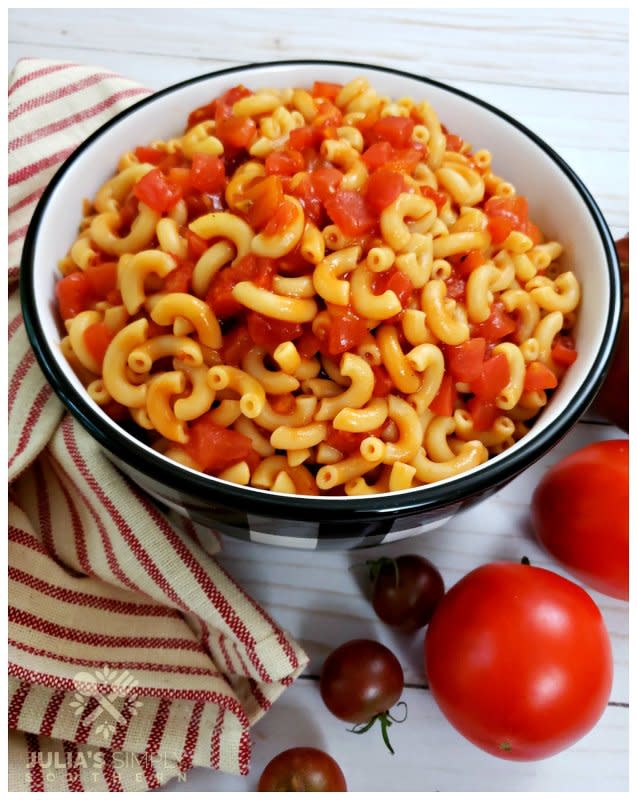 <p>Julia's Simply Southern</p><p>An old-time dish that is just as loved today.</p><p><strong>Get the recipe: <a href="https://juliassimplysouthern.com/2020/08/macaroni-and-tomatoes-recipe.html" rel="nofollow noopener" target="_blank" data-ylk="slk:Macaroni and Tomatoes;elm:context_link;itc:0;sec:content-canvas" class="link rapid-noclick-resp">Macaroni and Tomatoes</a></strong></p>