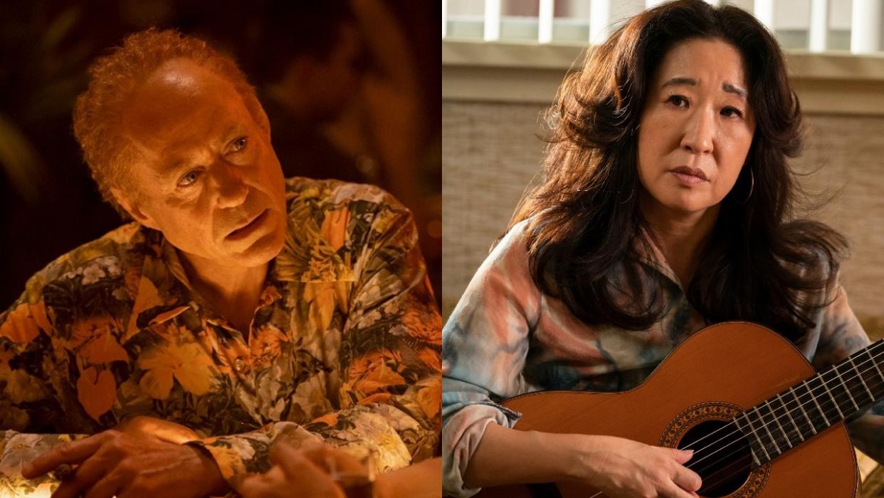  From left to right: Robert Downey Jr. as Claude in The Sympathizer and Sandra Oh as Sofia holding a guitar in The Sympathizer. 