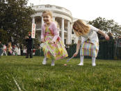 <p>Grace William, 5, left, and Reagan Williams, 6, of Fairfax Station, Va. participate in the annual Easter Egg Roll, Monday, March 24, 2008, on the South Lawn of the White House in Washington. (Photo: Gerald Herbert/AP) </p>