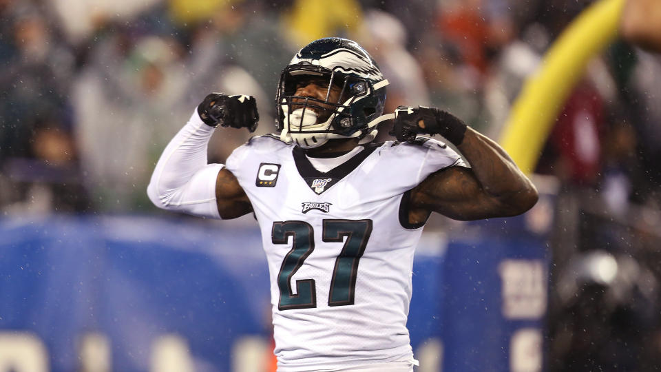 Philadelphia Eagles strong safety Malcolm Jenkins (27) celebrates during an NFL football game against the New York Giants on Sunday, Dec. 29, 2019, in East Rutherford, N.J. The Eagles won 34-17.  (AP Photo/Vera Nieuwenhuis)