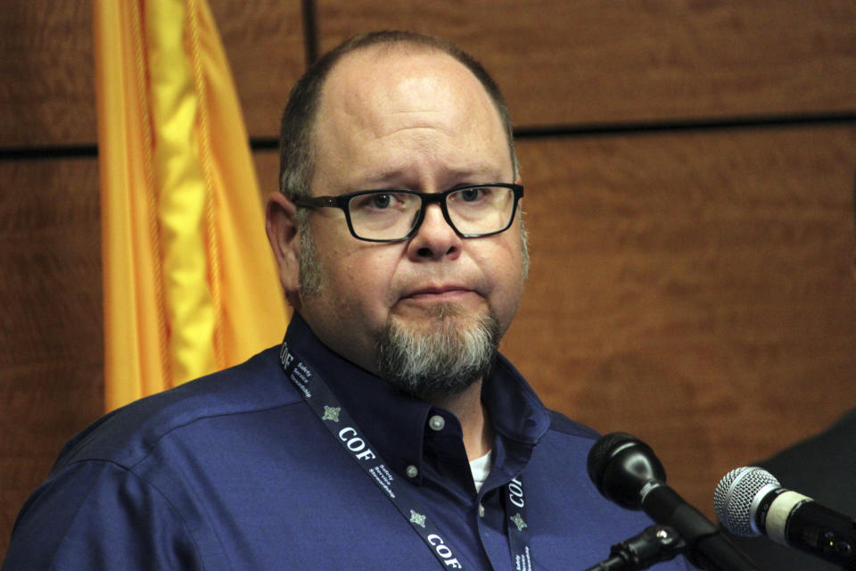 Farmington Mayor Nate Duckett addresses reporters during a news conference in Farmington, N.M., on Tuesday, May 16, 2023. The gunman who killed several people and wounded others while roaming through his northwestern New Mexico neighborhood and apparently firing at random targets was a local 18-year-old high school student, authorities said Tuesday, noting they were still trying to determine a motive for the attack. (AP Photo/Susan Montoya Bryan)