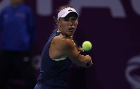 Tennis - WTA Premier 5 - Qatar Open - Semifinals - Doha, Qatar - February 17, 2018. Caroline Wozniacki of Denmark in action against Petra Kvitova of Czech Republic. REUTERS/Ibraheem Al Omari