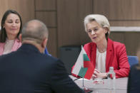 President of the European Commission Ursula von der Leyen, right, meets with Bulgarian president Rumen Radev, in Sofia, Bulgaria, Saturday, Oct. 1, 2022. (AP Photo/Visar Kryeziu)