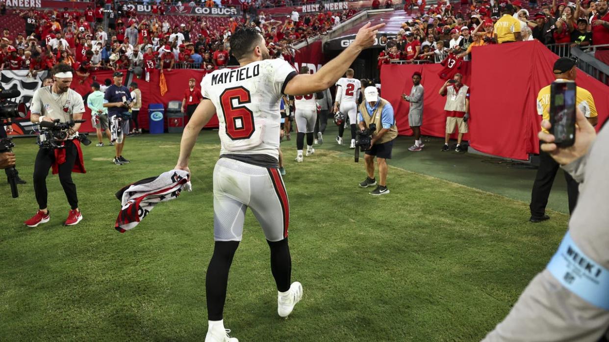 <div>TAMPA, FL - SEPTEMBER 8: Baker Mayfield #6 of the Tampa Bay Buccaneers walks off the field after an NFL football game against the Washington Commanders at Raymond James Stadium on September 8, 2024 in Tampa, Florida. (Photo by Kevin Sabitus/Getty Images)</div>