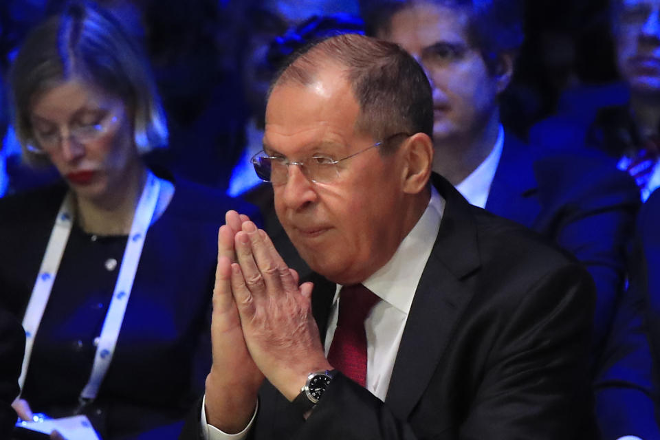 Russian Foreign Minister Sergey Lavrov gestures as he arrives at the Paris Peace Forum Tuesday, Nov. 12, 2019 in Paris. (AP Photo/Michel Euler, Pool)