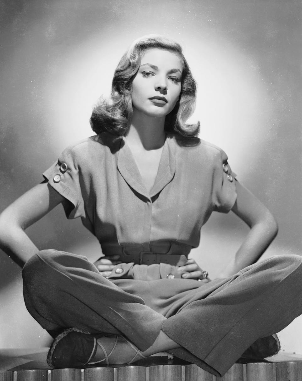 Lauren Bacall in a trouser suit, circa 1945.