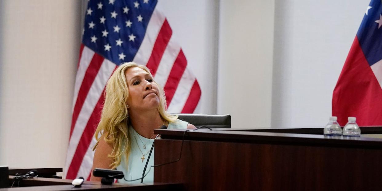 Republican Rep. Marjorie Taylor Greene of Georgia at a hearing on the challenge to her candidacy in Atlanta, Georgia on April 22, 2022.