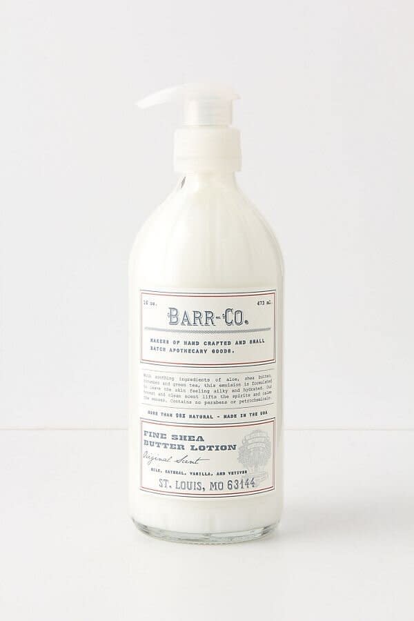 I fell in love with <a href="https://fave.co/2TQSidm" target="_blank" rel="noopener noreferrer">this lotion</a> when I was working retail in college. I would walk by the Barr-Co. display multiple times during my shift and slather my hands with the thick lotion, knowing it would absorb fast enough for me to fold T-shirts a minute later. It's nourishing but not greasy, and has the lightest, most natural scent &mdash; somewhere between vanilla, oatmeal and <a href="https://fave.co/2TQSidm" target="_blank" rel="noopener noreferrer">freshly cleaned sweaters</a>. <strong>&mdash; Danielle Gonzalez, Associate Commerce Editor</strong><br /><br /><a href="https://fave.co/2TQSidm" target="_blank" rel="noopener noreferrer">Find Barr-Co. Fine Shea Butter Lotion for $24 at Anthropologie</a>.