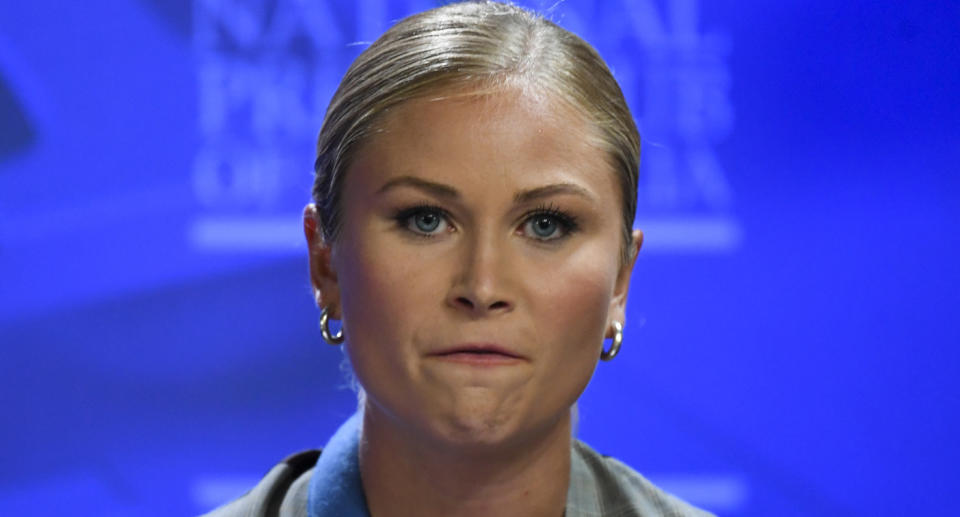 2021 Australian of the Year Grace Tame addresses the National Press Club in Canberra.