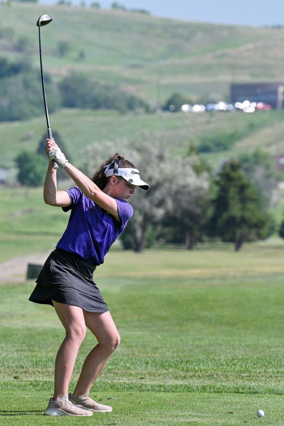 Natalie Pearson of Watertown is pictured getting ready to tee off during the state Class AA high school golf tournament at Pierre. Pearson recorded a hole-in-one on the 17th hole at the Hillsview Golf Course during the final round of the tourney on Tuesday, June 6, 2023.