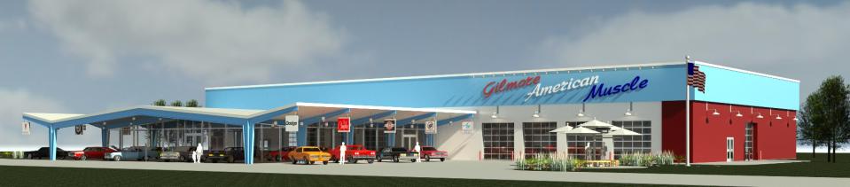 An artist rendering of the Gilmore American Muscle Car Museum.