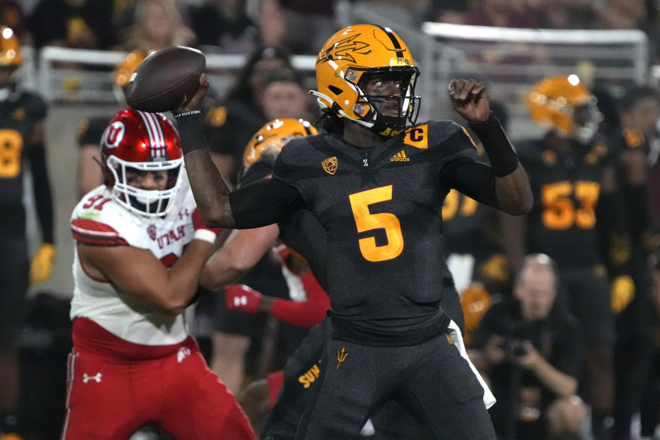 Arizona State quarterback Emory Jones (5) looks to pass against Utah during the first half of an NCAA college football game Saturday, Sept. 24, 2022, in Tempe, Ariz. (AP Photo/Rick Scuteri)