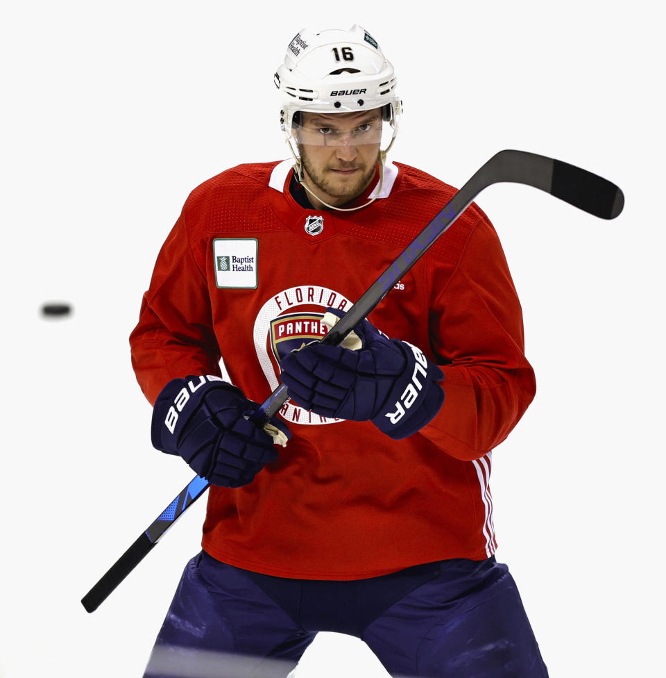 Florida Panthers center Aleksander Barkov (16) skates during training camp in preparation for the 2021-22 NHL season at the FLA Live Arena on Thursday, September 23, 2021 in Sunrise, Florida.(David Santiago/Miami Herald via AP)