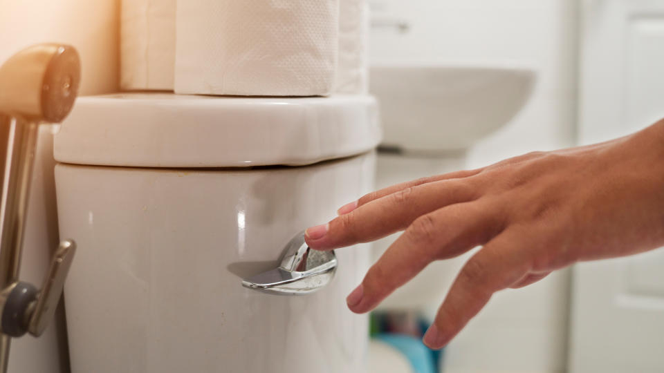 person flushing a toilet