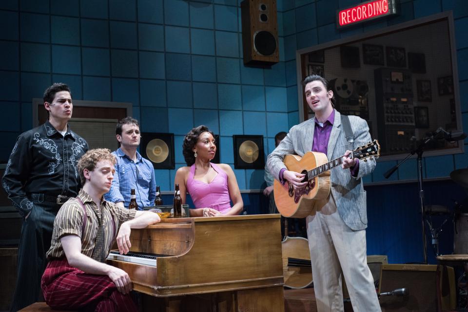 From left are Chris Marsh Clark (Johnny Cash), Michael Kurowski (Jerry Lee Lewis), William Finn (Carl Perkins), Fatima El-Bashir (Dyanne), and Luke Monday (Elvis Presley) in ASF's production of "Million Dollar Quartet."