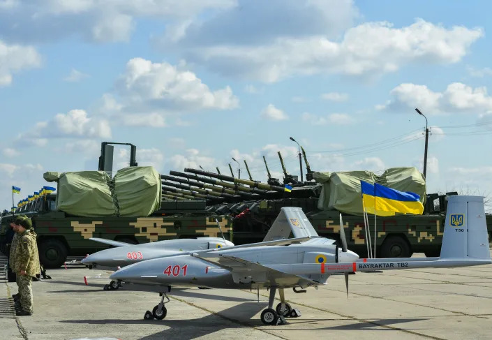 Bayraktar TB2 UAVs is seen during the test flight at the military base located in Hmelnitski, Ukraine on March 20, 2019.