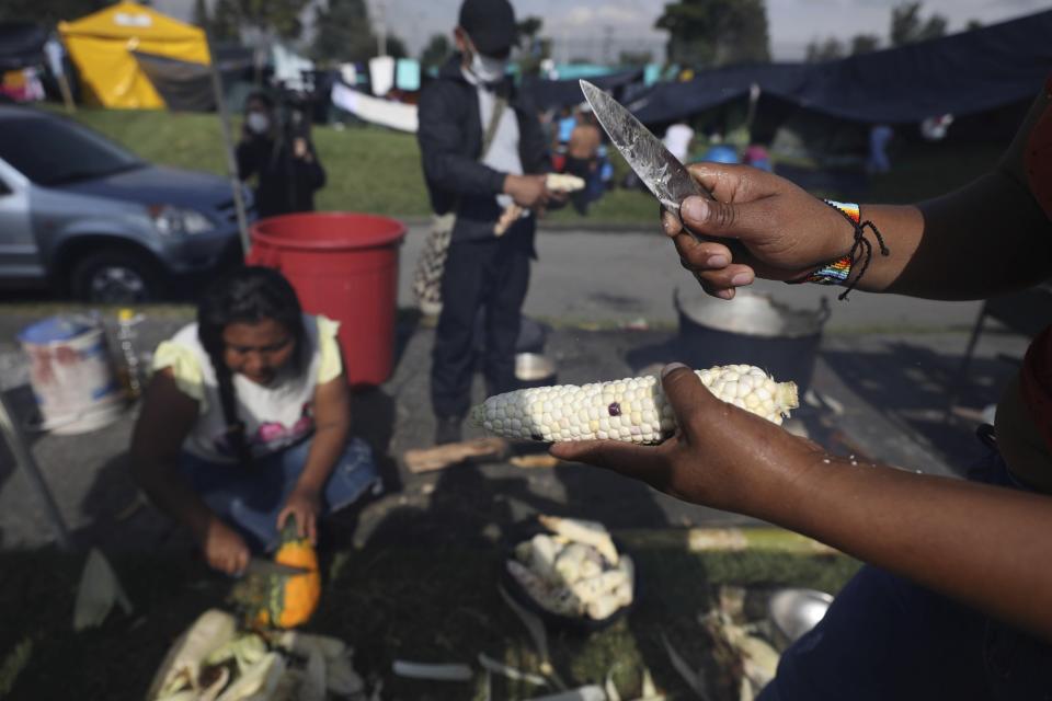 Indigenous protesters prepare breakfast, including corn, before marching against the government of President Ivan Duque in Bogota, where thousands traveled in a caravan from Cali, Colombia, Monday, Oct. 19, 2020. The leaders of the indigenous communities say they are mobilizing to reject massacres, assassinations of social leaders, criminalization of social protest, to defend their territory, democracy and peace, and plan to stay in the capital for a nationwide protest and strike on Oct. 21. (AP Photo/Fernando Vergara)