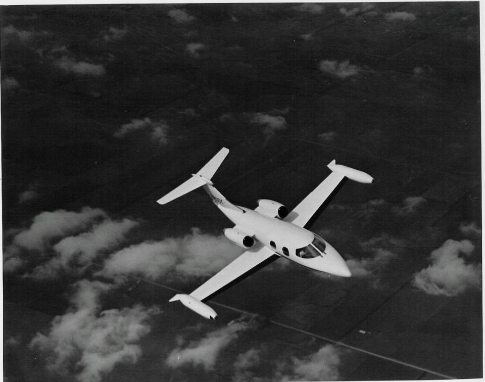 The 1964 Lear Jet 23, registered N200Y with the FAA and also known by its manufacturer’s serial number, 23-003, in flight. “It was the first plane that was specifically built as a business jet,” said Dick Kovich, the unofficial Learjet historian.