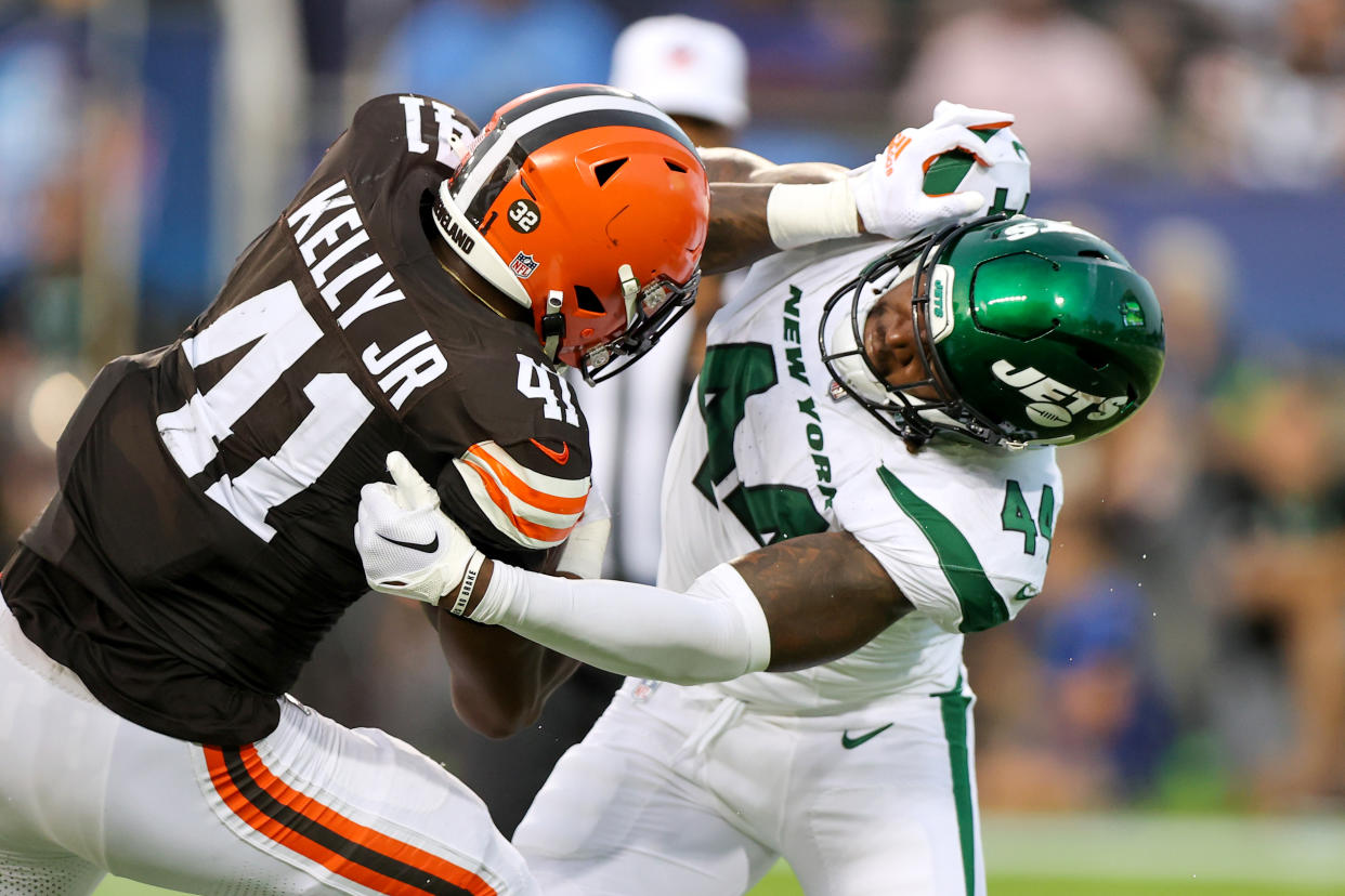 Cleveland Browns running back John Kelly Jr. (41) is tackled by New York Jets linebacker Jamien Sherwood in last week's Hall of Fame Game. (Photo by Frank Jansky/Icon Sportswire via Getty Images)