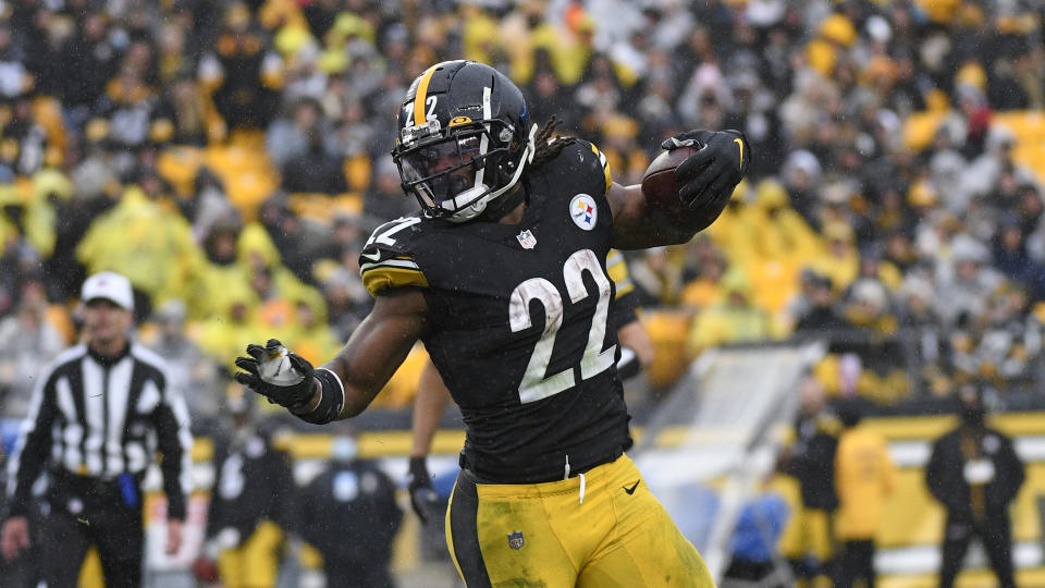 Pittsburgh Steelers running back Najee Harris (22) plays during the second half of an NFL football game against the Detroit Lions in Pittsburgh, Sunday, Nov. 14, 2021. (AP Photo/Don Wright)