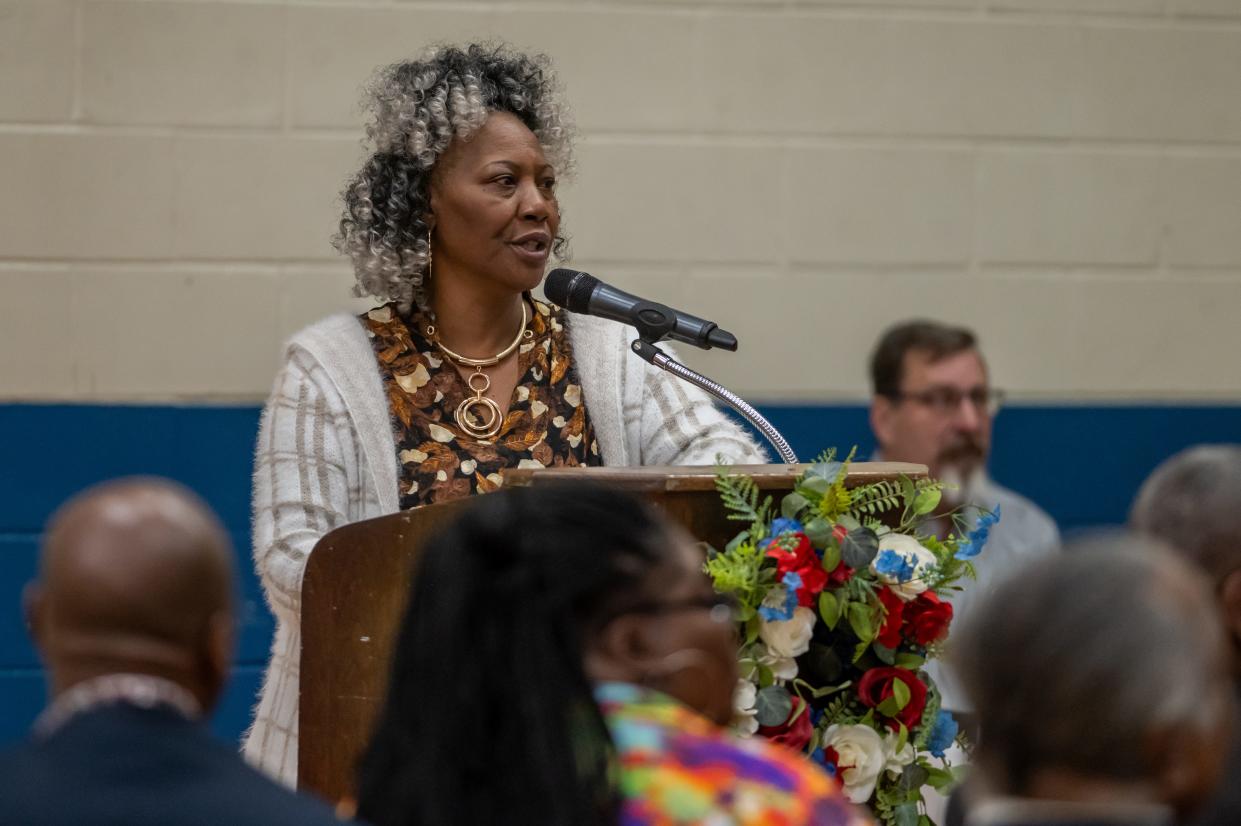 Jannie Everette, president of the Thiokol Memorial Project, delivers her closing remarks. On the 53rd anniversary of the explosion of the Thiokol Plant in Woodbine, GA, the Thiokol Memorial Project, Inc. held a Remembrance and Commemoration ceremony at the PSA Complex in Kingsland, GA.
Photo made February 3, 2024
[Fran Ruchalski for The Savannah Morning News]