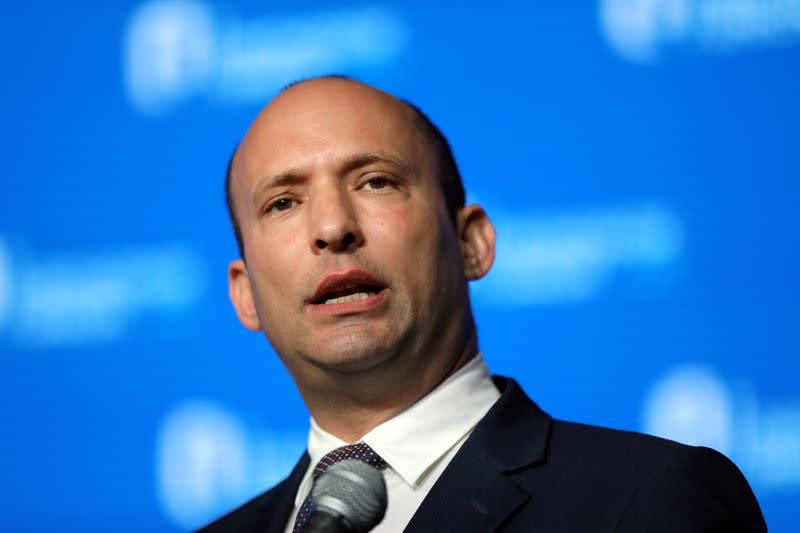 FILE PHOTO: Israeli Education Minister Naftali Bennett speaks during a reception hosted by the Orthodox Union in Jerusalem ahead of the opening of the new U.S. embassy in Jerusalem