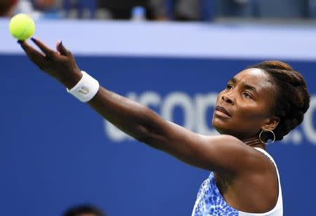 Sep 8, 2015; New York, NY, USA; Venus Williams of the USA serves to Serena Williams of the USA on day nine of the 2015 U.S. Open tennis tournament at USTA Billie Jean King National Tennis Center. Mandatory Credit: Robert Deutsch-USA TODAY Sports