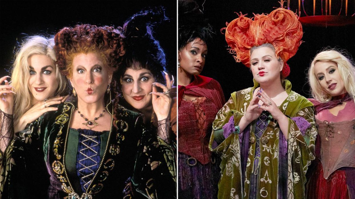 The original Sanderson sisters (Sarah Jessica Parker, Bette Midler, Kathy Najimy) and Nayanna Holley, Kelly Clarkson, Jessi Collins as the Sanderson sisters.