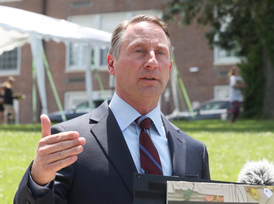 Rob Astorino, running for the Republican nomination for governor, talks about what he calls "radical sex indoctrination" in New York's high schools at Croton-Harmon High School June 14, 2022.