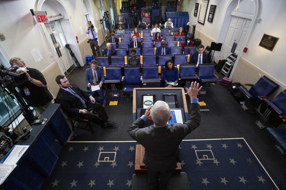 Dr. Anthony Fauci, director of the National Institute of Allergy and Infectious Diseases, speaks about the coronavirus in the James Brady Press Briefing Room of the White House, Wednesday, April 8, 2020, in Washington. (AP Photo/Alex Brandon)
