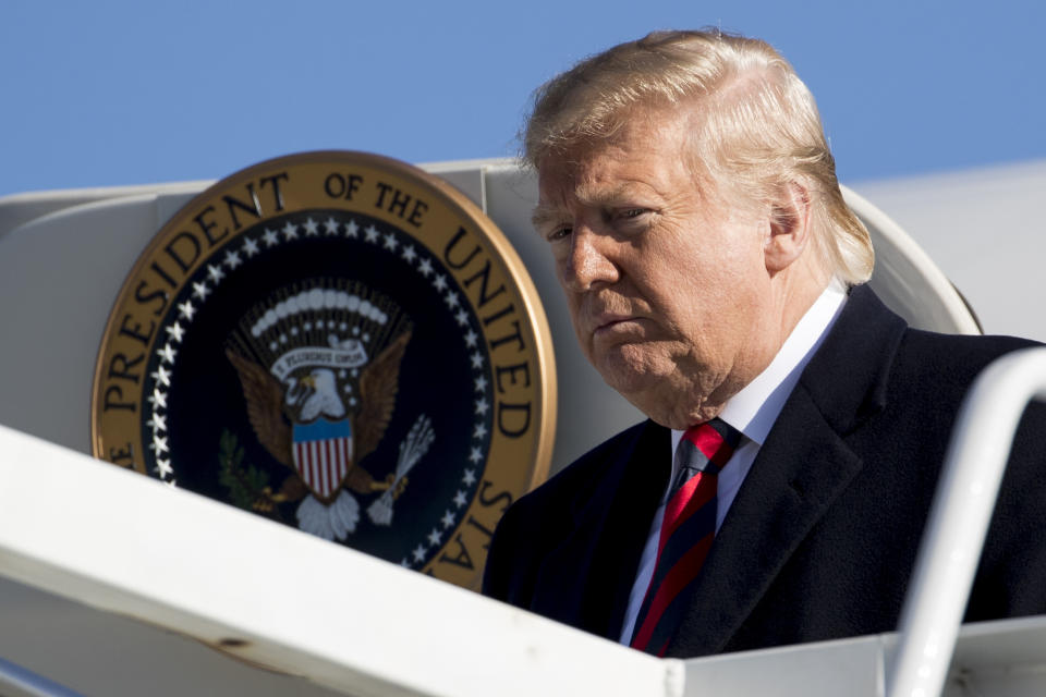 President Donald Trump arrives at Tuscaloosa Regional Airport in Tuscaloosa, Ala., Saturday, Nov. 9, 2019, to attend a NCAA college football game between LSU and Alabama. (AP Photo/Andrew Harnik)