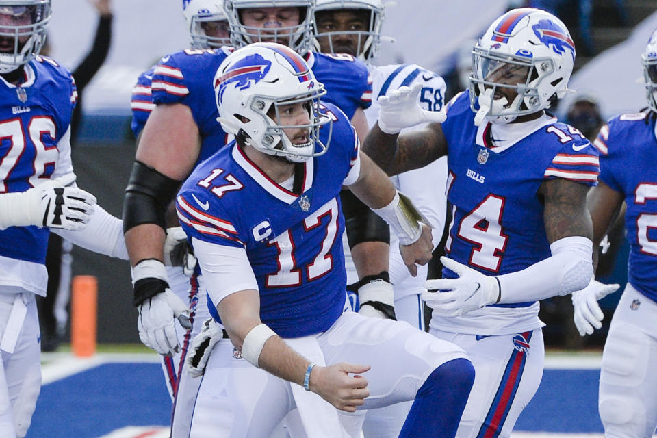 Buffalo Bills' Josh Allen (17) scored late in the first half to give a bad beat to Colts bettors. (AP Photo/Adrian Kraus)