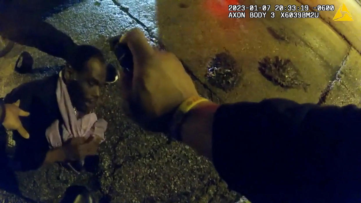 A still image from a video shows Tyre Nichols being pepper-sprayed. 