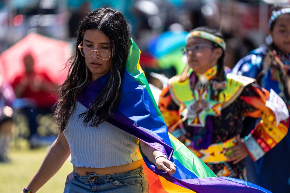Araceli Garcia participates in the 3rd Annual Two Spirit Powwow at South Mountain Community College in Phoenix on April 15, 2023.