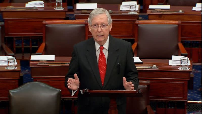 Majority Leader McConnell speaks prior to reconvening of Trump impeachment trial at the U.S. Capitol in Washington