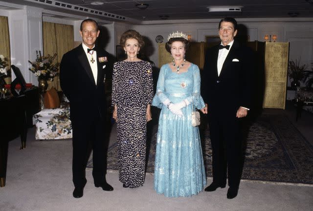 <p>David Levenson/Getty</p> Queen Elizabeth, Prince Philip, President Ronald Reagan and Nancy Reagan