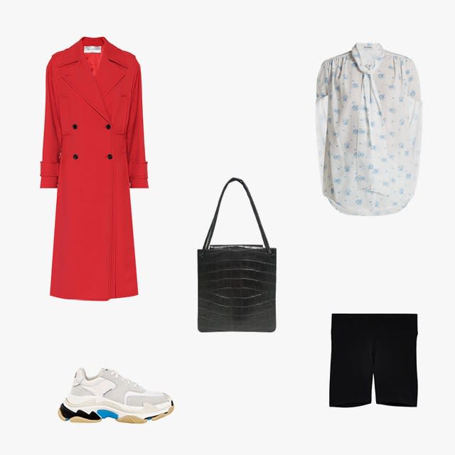 Valentino wool-blend trenchcoat, $5,400, mytheresa.com; Balenciaga twisted-sleeve floral-print crepe blouse, $1,190, matchesfashion.com; Tna 7” Equator shorts, $15, aritzia.com; Balenciaga Triple S low-top sneakers, $895, bergdorfgoodman.com; Giorgio Armani bag, $465, kennedynewyork.com