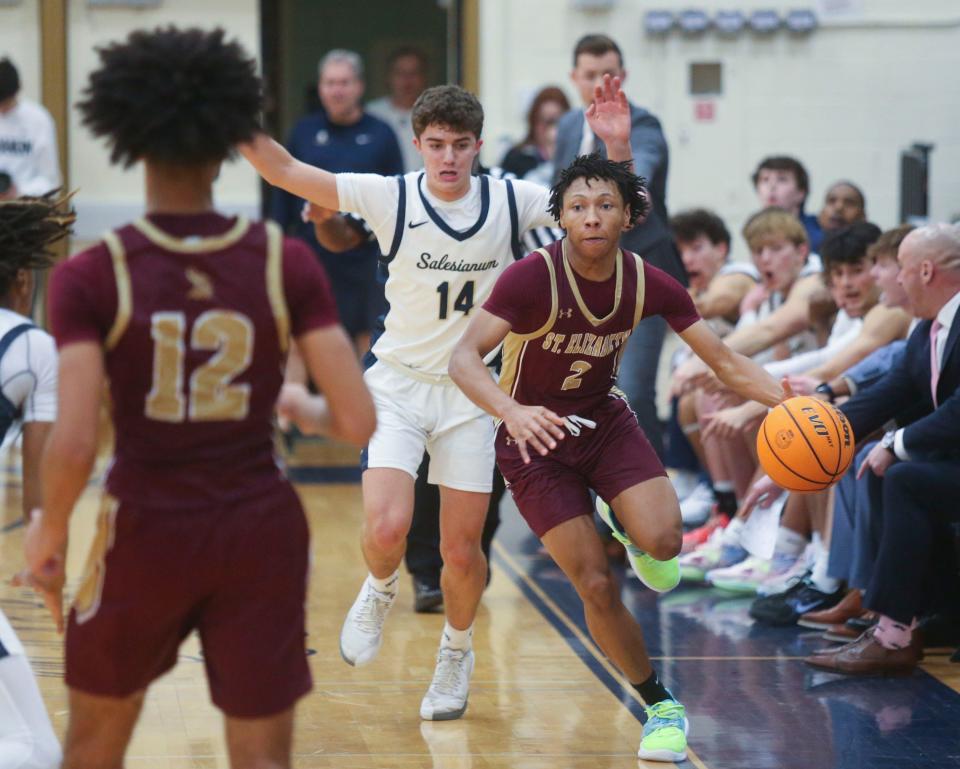 St. Elizabeth's Shaun Chandler can't stay in bounds as Salesianum's Zach Swartout defends in the second half of the Vikings' 54-45 win at Salesianum, Friday, Jan. 6, 2023.