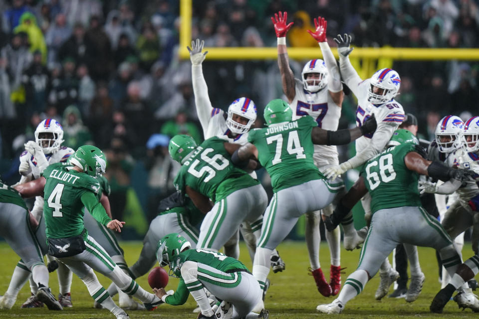 Philadelphia Eagles place-kicker Jake Elliott kicks a game tying field goal against the Buffalo Bills during the second half of an NFL football game Sunday, Nov. 26, 2023, in Philadelphia. (AP Photo/Chris Szagola)