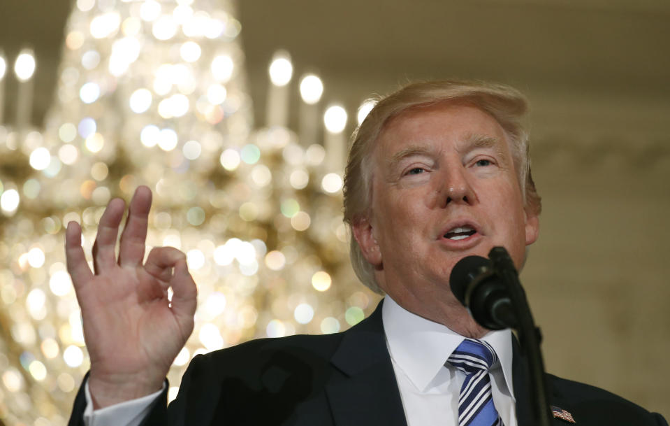 <p> President Donald Trump speaks during a "Made in America," product showcase featuring items created in each of the U.S. 50 states, at the White House, Monday, July 17, 2017, in Washington. (AP Photo/Alex Brandon) </p>